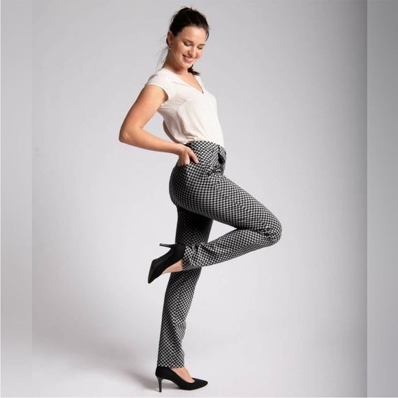 Betabrand Catstooth Chino Herringbone Pants High Waist Black White Cat Sz SL - Picture 16 of 16